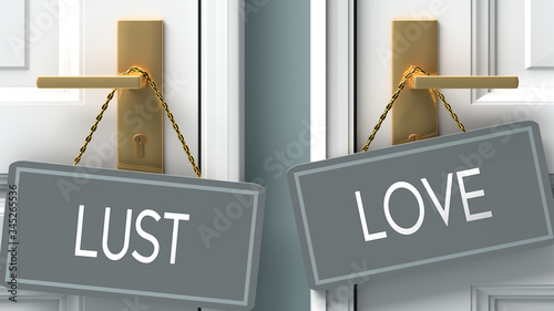 Fotografie love or lust as a choice in life - pictured as words lust, love on doors to show