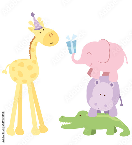 A vector illustration of a cute giraffe wearing a birthday party hat being given a cupcake by a tower of other safari animals: an elephant, hippo and crocodile