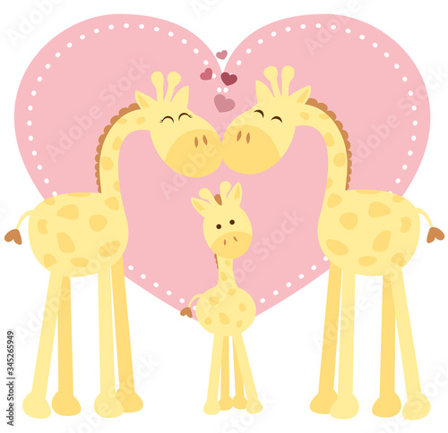 A vector illustration of a cute isolated giraffe family with two parents and a baby in front of a pink heart