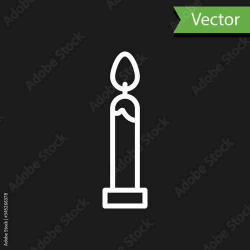 White line Burning candle icon isolated on black background. Cylindrical candle stick with burning flame.  Vector Illustration
