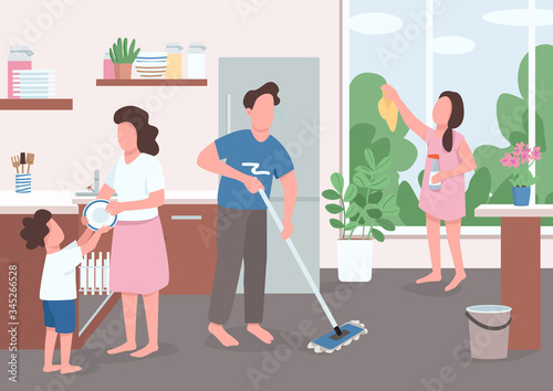 Spring cleaning flat color vector illustration. Children help parents with home chores. Girl clean window. Mom and son clean dishes. Family 2D cartoon characters with interior on background