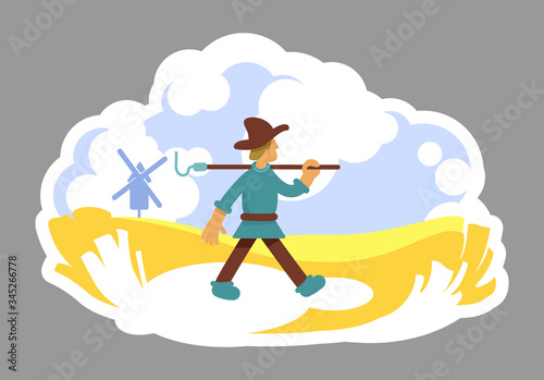 Grower 2D vector web banner  poster. Golden grain plantation. Windmill on horizon. Farmer with hoe flat character on cartoon background. Farmland printable patches  colorful web elements