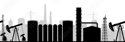 Oil manufacturing black silhouette seamless border. Industrial buildings monochrome vector illustration. Factory decorative ornament design. Oil drilling rig repeating pattern