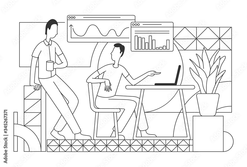 Company sales analysis thin line vector illustration. Office workers analyzing charts and graphs outline characters on white background. Business analysts coworking simple style drawing
