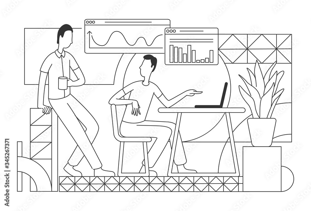 Company sales analysis thin line vector illustration. Office workers analyzing charts and graphs outline characters on white background. Business analysts coworking simple style drawing Company sales analysis thin line vector illustration. Office workers analyzing charts and graphs outline characters on white background. Business analysts coworking simple style drawing