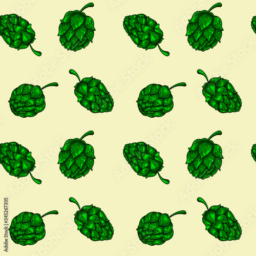 Seamless pattern with beer hops in engraving style. Design element for poster, card, banner, clothes. Vector illustration