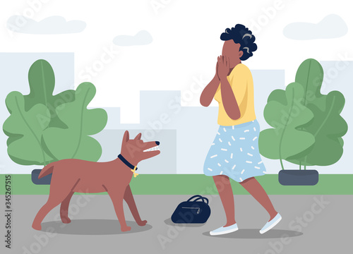 Dog attack flat color vector illustration. Young woman afraid of rabid animal 2D cartoon character with cityscape on background. panic attack, stressful situation. Danger reaction, phobia