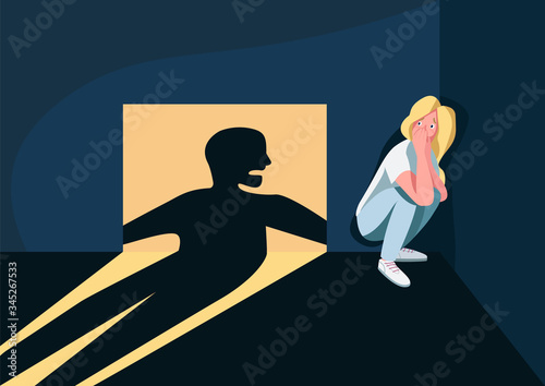 Domestic violence victim flat color vector illustration. Frightened woman hiding in corner 2D cartoon character with angry man shadow on background. Physical and psychological abuse in family