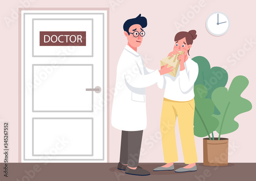 Doctor with patient flat concept vector illustration. Psychologist and woman with panic attack 2D cartoon character for web design. Stress management, anxiety disorder treatment, psychotherapy