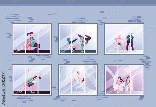 Morning dance class flat color vector illustration. Hip hop and ballet. Group practice. Dancers training in windows. Fun activity 2D cartoon characters inside with interior on background