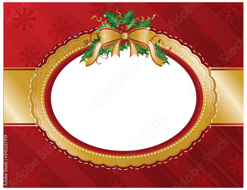 A vector illustration of a festive blank oval shaped Christmas holiday background frame with red wrapping paper, gold ribbon and a holly bunch with a bow