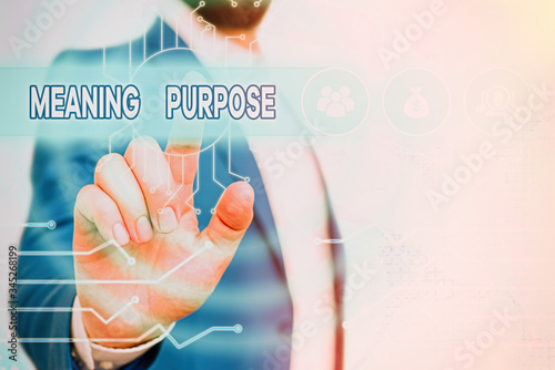 Text sign showing Meaning Purpose. Business photo showcasing The reason for which something is done or created and exists photo