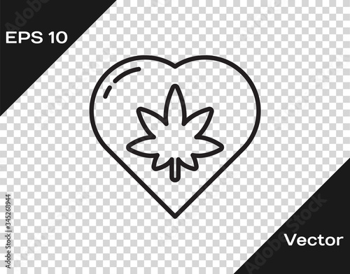 Black line Marijuana leaf in heart shape icon isolated on transparent background. Hemp symbol.  Vector Illustration