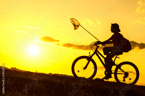 Fototapeta Naklejka Na Ścianę i Meble -  Boy returning from a trip in the eveningwith butterfly net and rucksack, silhouette of child riding bicycle in nature 