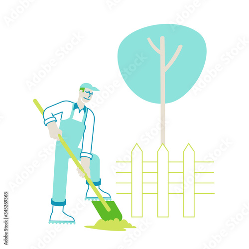 Farmer Character in Overalls Working in Garden Digging Soil and Care of Plants in Village or Countryside. Gardener Planting Sprouts to Ground. Active Outdoor Hobby or Work. Linear Vector Illustration