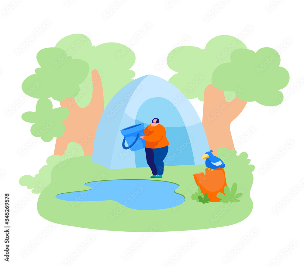 Woman Stand with Bucket near Forest Pond Going to Scoop Up Water for Cooking and Drinking. Relaxing on Nature, Weekend Leisure, Resting Outdoors. Character Camping Hobby. Cartoon Vector Illustration
