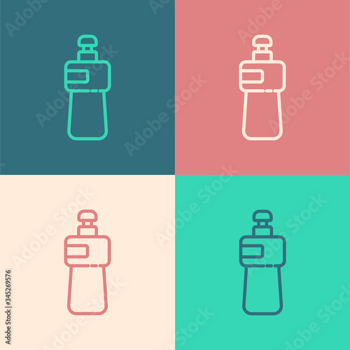 Pop art line Dishwashing liquid bottle icon isolated on color background. Liquid detergent for washing dishes.  Vector Illustration