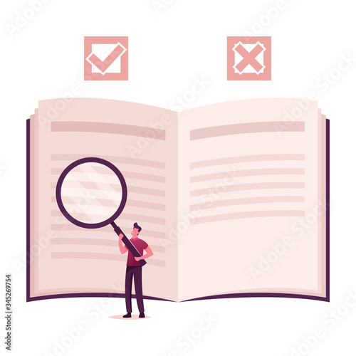 Businessman Character with Magnifier Looking at Huge Open Book. Business Process Flow Chart, Rules and Regulation, Man Study Company Policy, Business Analysis Concept. Cartoon Vector Illustration