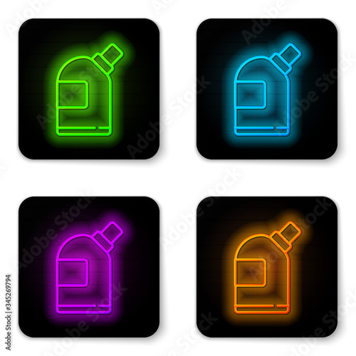 Glowing neon line Plastic bottles for laundry detergent, bleach, dishwashing liquid or another cleaning agent icon isolated on white background. Black square button. Vector Illustration