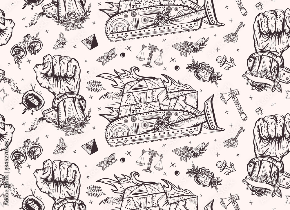 Fight for rights seamless pattern. Freedom and slavery. Old school tattoo style. White and black hand, burning armored bulldozer. Demonstration, revolution, protest concept. Traditional tattooing art