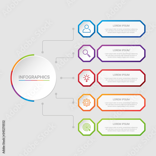 Business data visualization, infographic template with 5 steps on gray background, vector illustration