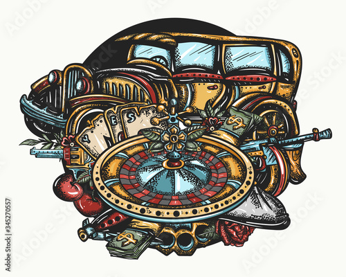 Gangster retro car, roulette wheel, weapons, money, gamblings. Crime film art. Criminal noir illustration. Casino, old detective movie concept. Old Chicago vector concept. Tattoo and t-shirt design