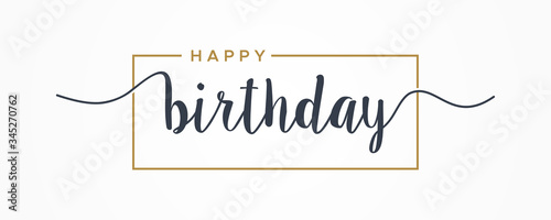 Happy Birthday lettering black text handwriting  calligraphy with gold square frame isolated on white background. Greeting Card Vector Illustration Template.