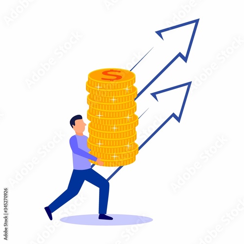 The financial consultant raises a friendly pile of coins. Successful investor or entrepreneur. Financial consulting, investment and savings. Modern vector illustration.