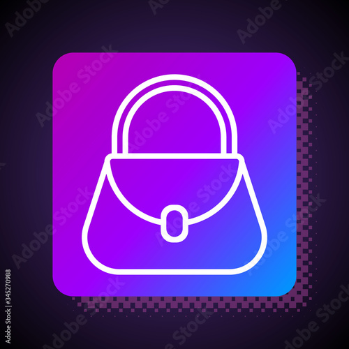 White line Handbag icon isolated on black background. Female handbag sign. Glamour casual baggage symbol. Square color button. Vector Illustration