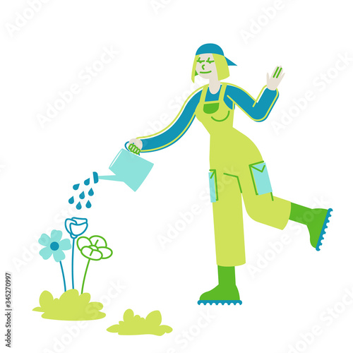 Horticulture, Olericulture Hobby Concept. Happy Girl Gardening at House yard or in Greenhouse Watering Plants from Can. Homework Woman Character Caring of Flowers and Herbs. Linear Vector Illustration