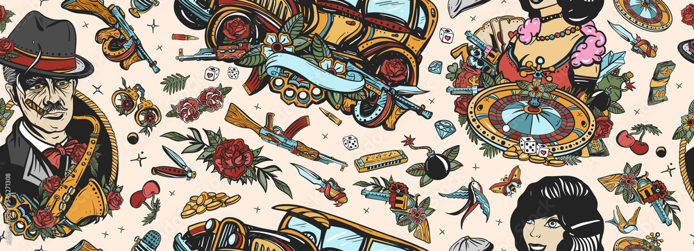 Criminal, old noir movie background. Gangsters. Traditional tattooing style. Retro crime seamless pattern. Boss plays saxophone, bandits weapons, croupier, pin up girl, casino, robbers