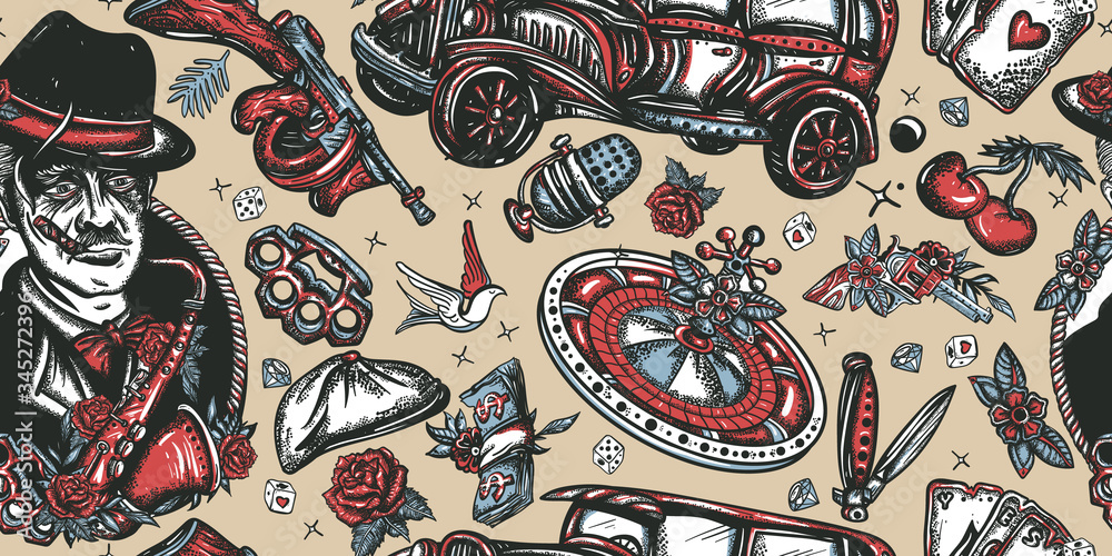 Criminal, old noir movie background. Gangsters. Retro crime seamless pattern. Boss plays saxophone, bandits weapons, retro car, casino, robbers. Traditional tattooing style
