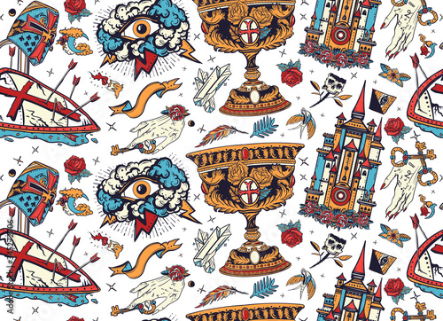 Middle age background. Medieval. Seamless pattern. Warrior crusader, sacred holy grail, ancient castle, occult hands, all seeing eye, sword and arrows