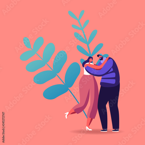 Peace, Love Relation, Togetherness Concept. Happy Loving or Friends Couple Hugging Outdoors. Man and Woman Characters Spend Time Together Embrace and Rejoice. Cartoon People Vector Illustration