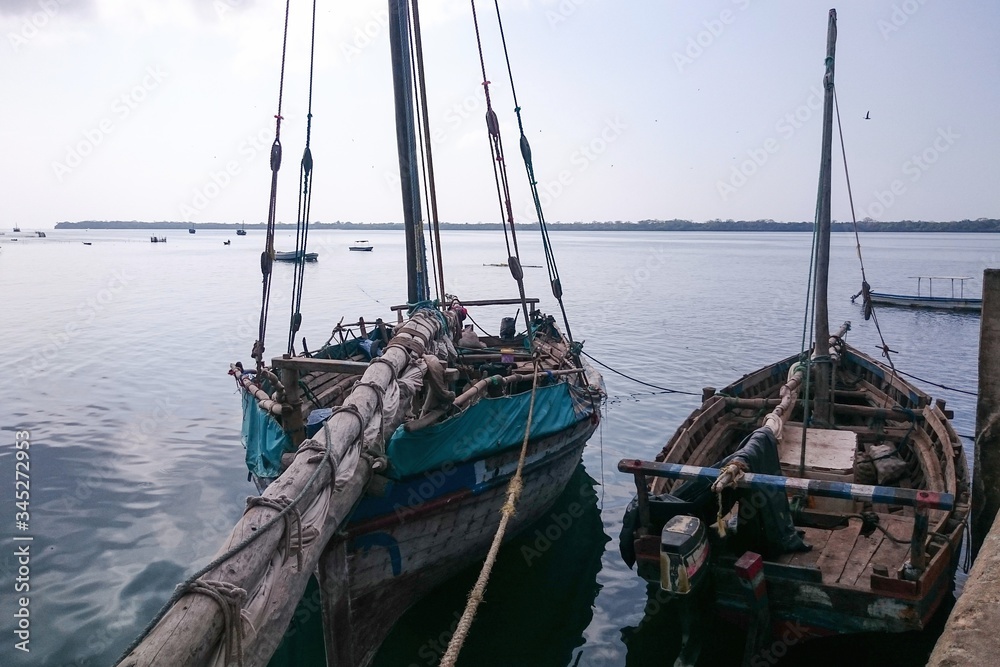 Fishing boats at the coastline of Kisite Mpunguti Marine Park, Mombasa, Kenya