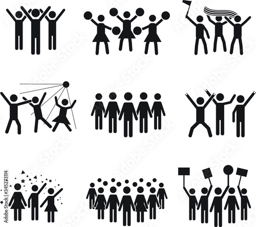 Crowd vector icon set design, illustrations of various groups of people - Vector icon set of groups of people in a club, sports match, cheerleaders, protest, strike, celebrations, concert and other