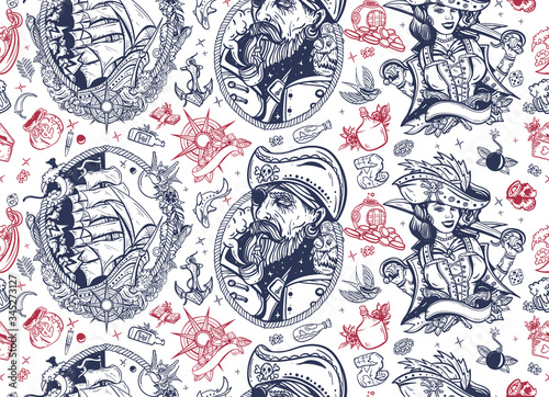 Pirate. Seamless pattern. Sea adventure background. Captain, parrot, ship in storm, girl filibuster, compass, anchor, treasure island, swallows. Caribbean robbers. Traditional tattooing style