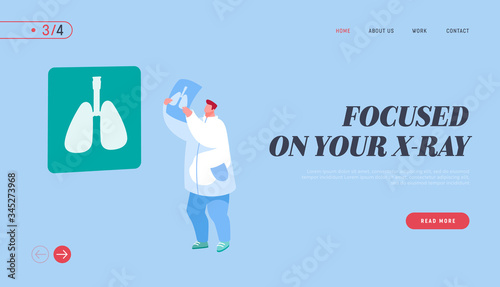 Lung Diagnosis Landing Page Template. Pulmonology Doctor Character Watch Lungs Tomography Checking Analysis Results. Fibrosis, Tuberculosis, Covid 19 Pneumonia or Cancer. Cartoon Vector Illustration