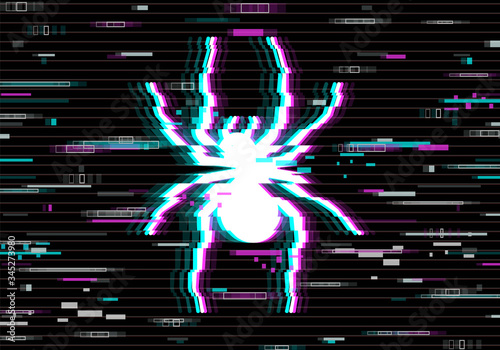 Illustration of a spider in a distorted glitch style. Design element for event advertising, branding, shares, promotion. Vector illustration.