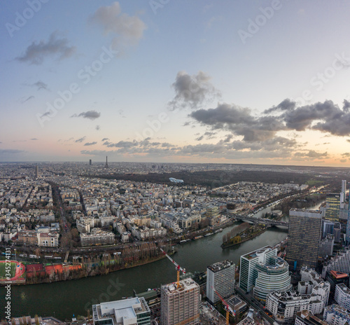 Aerial drone shot of Levallois Paris with Eiffel Tower Hyatt Regency, tour montparnasse, jardin d'acclimation