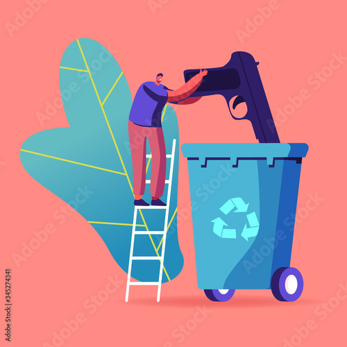 Antiwar, Disarmament and Peace Concept. Tiny Male Character Stand on Ladder Throw Out Gun into Huge Litter Bin with Recycling Sign. Worldwide Demilitarization, Humanity. Cartoon Vector Illustration