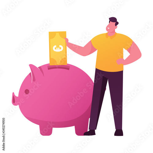 Male Character Put Golden Euro Banknote into Huge Piggy Bank. Man Save and Collect Money in Thrift-box, Open Bank Deposit, Plan Finance Budget, Diversification of Savings. Cartoon Vector Illustration