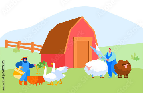 Young Man and Woman in Working Robe Feeding Geese  Trimming Sheep on Nature. Farmers  Villager Characters at Work Care of Birds and Animals on Farm  Agriculture  Farming. Cartoon Vector Illustration
