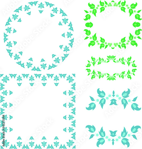 Set of 5 frame  workpiece for your design. Ornamental elements and motifs. Plants decor for plate  tile  textile and print design. Circle  square and oval desinge element. Vector.