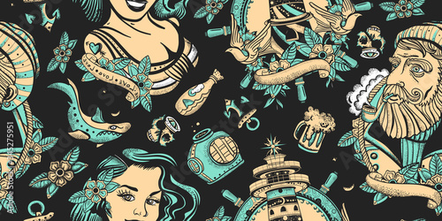 Sea adventure vintage seamless pattern. Sea wolf captain, lighthouse and sailor girl. Nautical art. Old school tattoo style. Traditional tattooing concept