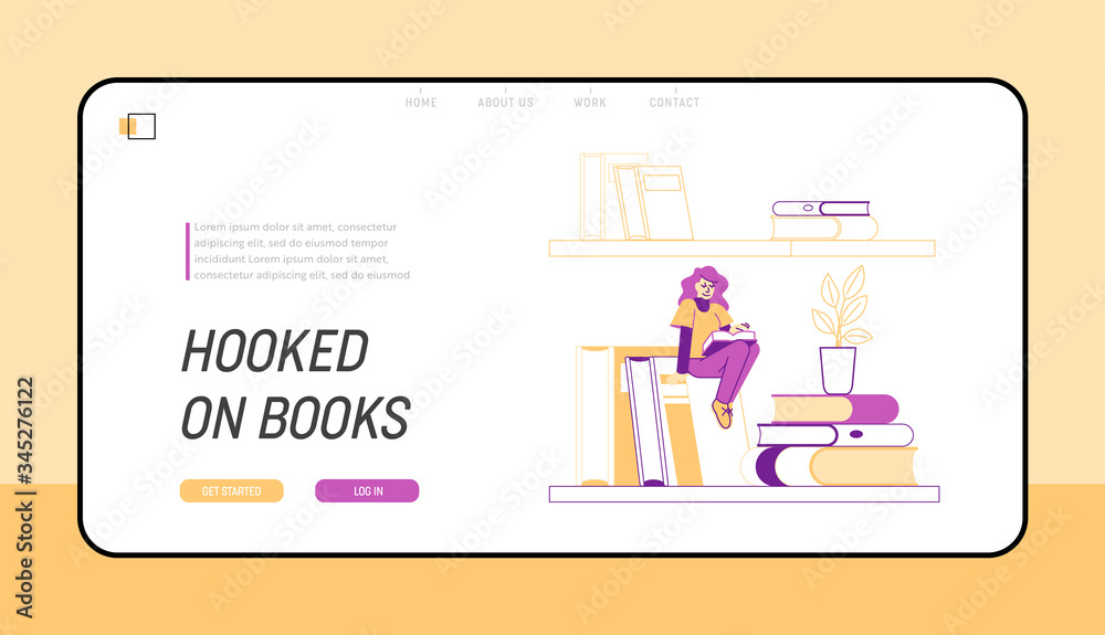 Education, Preparation to Exams and Reading Hobby Landing Page Template. Tiny Male Character Hanging on Rope above Bookshelf with Huge Books. Man Student in Library. Linear Vector Illustration