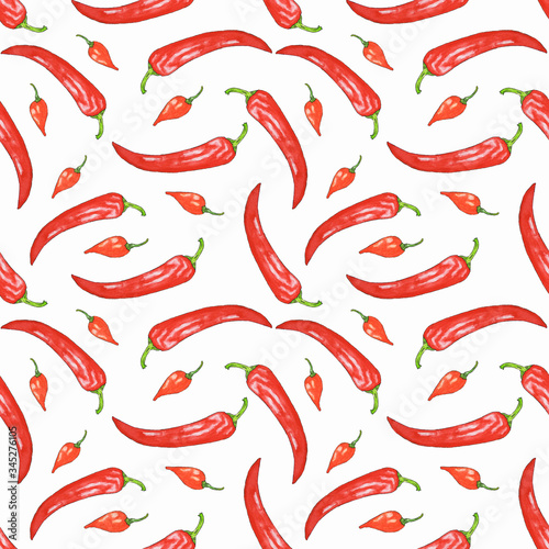 Watercolor seamless pattern with Red Hot Chili Peppers. Spicy Tabasco and Paprika. Watercolor Vegetable pattern with Chili Peppers. Design for the menu. 