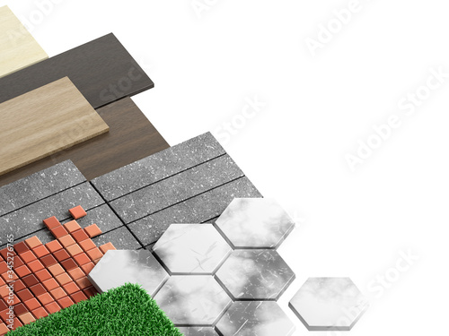 Fototapeta Naklejka Na Ścianę i Meble -  Samples of finishing materials for interior design. Venetian terrazzo, carpet, laminate, ceramic tile, granite, marble, isolated on white background. 3d render.