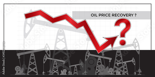 Oil industry crisis recovery concept. Arrow with a downward trend going upwards at the end with a question mark. Oil wells on background. 