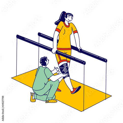Physical Development for Handicapped People. Rehabilitation Center Staff Character Help Girl with Bandages Leg Adapt Life. Woman with Disabilities Strengthen Physiotherapy. Linear Vector Illustration